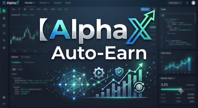 AlphaX Auto-Earn promotional graphic showing a trading dashboard interface with charts, network nodes, and icons representing automation, security, and earnings growth.