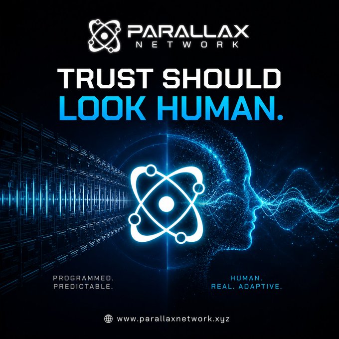 This is a promotional graphic for Parallax Network ($PAX) featuring their atom-style logo alongside a glowing blue profile of a human head facing a server rack, visually contrasting mechanical data streams ("Programmed. Predictable.") on the left with organic wave patterns ("Human. Real. Adaptive.") on the right. The bold tagline "Trust Should Look Human" reinforces the post's message about valuing natural, imperfect participation over robotic consistency in building genuine trust.