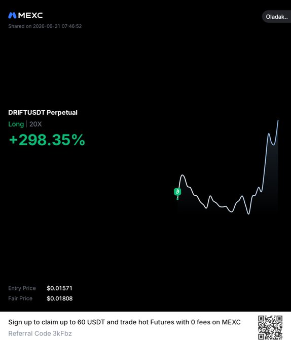 The image shows a black background with a green line that goes up and down, indicating a fluctuating price trend. Below this, there's text that reads "DRIFT USDT PERPETUAL LONG 20X + 28.35%", which is related to the trading platform being used by the user. The post also mentions that users can sign up for a $60 fee to use the platform and receive a $0.81 commission on each trade made through it, as well as a 5% fee on all future trades.