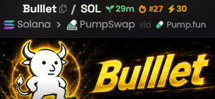 A promotional banner for the 'Bullet' token ($Bullet) on Solana, showing a cartoon bull mascot and trading via PumpSwap and Pump.fun, priced at 29m with 27 and 30 metrics.
