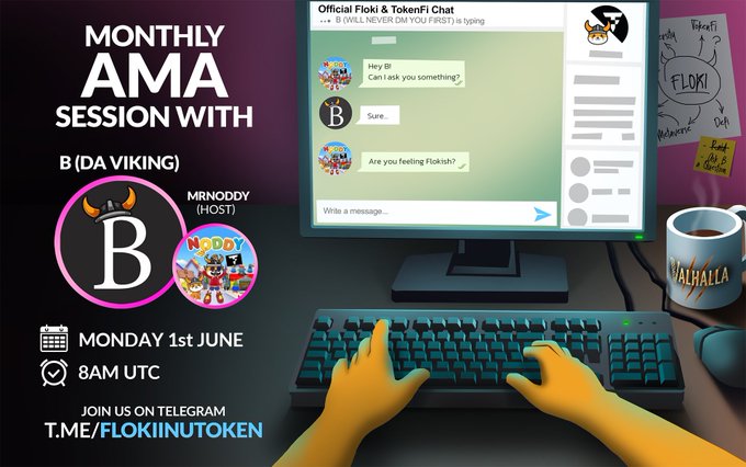 The image features a computer monitor with a keyboard, along with a person typing on the keyboard. The background of the image includes text that reads "Monthly AMA session with BDA Viking (BHViking)". The main focus of the image is the person using the keyboard and the monitor displaying their messages or conversations.