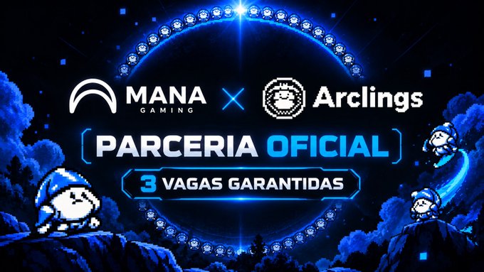 Promotional banner showing an official partnership between Mana Gaming and Arclings, advertising '3 Vagas Garantidas' (3 guaranteed slots) with a pixel-art character in a wizard hat.