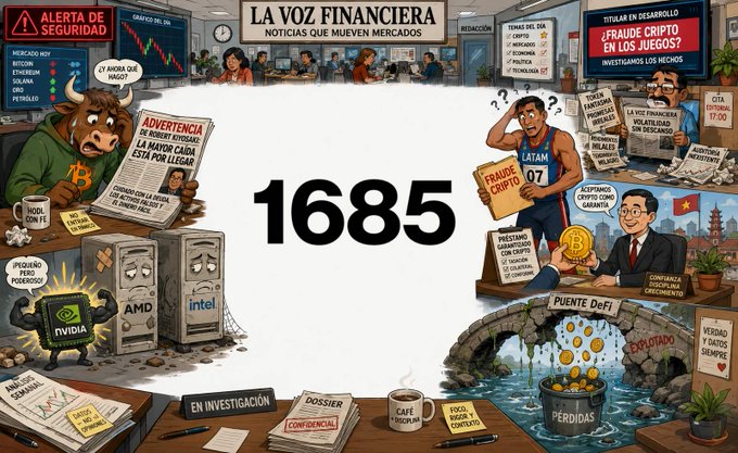 The image features a cartoon depiction of a man holding a coin, with the number "1685" written above him. The scene takes place in an office setting, where several people are working at desks or standing around. There are also two bulls present in the scene, one on each side of the room. A clock is visible hanging on the wall, and there are multiple books scattered throughout the space.