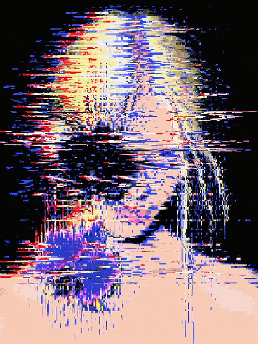 A heavily glitched, abstract digital image featuring distorted colors and horizontal lines on a black background.