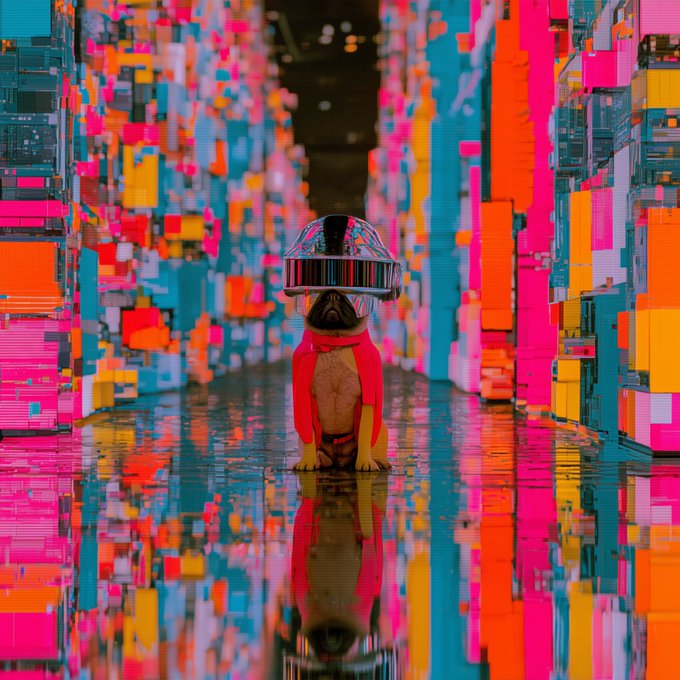 A stylized digital artwork of a pug dog wearing a chrome reflective helmet and red cape, standing on a reflective wet surface surrounded by vibrant, colorful blocky buildings.