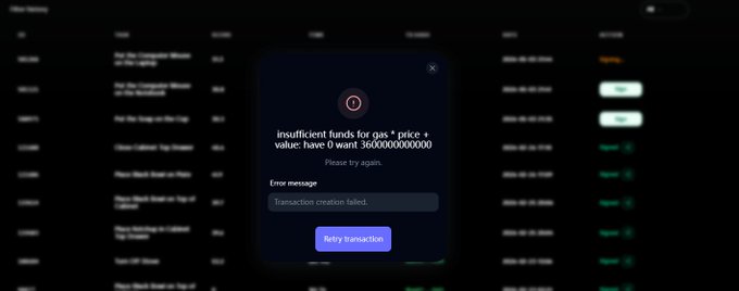 A dark screenshot of a crypto interface displays an error message: 'insufficient funds for gas * price + value: have 0 want 3600000000000', with 'Transaction creation failed' and a 'Retry transaction' button.