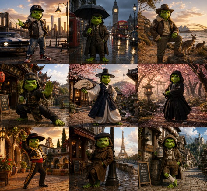 The image is a 3x3 grid showing a green ogre-like character dressed in attire and posed in iconic settings from various countries, including NYC, London, Japan, China, Korea, Spain, France, and Germany, symbolizing global unity. This visual reinforces the post's message that "Different countries. One community. Together, we are APEPE," highlighting worldwide diversity united under one community.

Visible text includes "NYC," "LONDON," "PARIS," and a café sign reading "CAFE," along with a chalkboard that appears to say "Frühstück Bar Drinks auf den Löffel" in German.