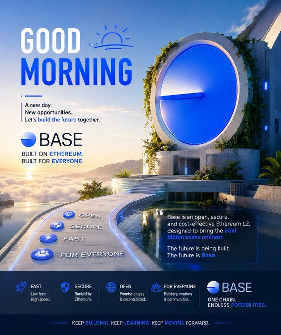 A 'Good Morning' promotional poster for Base, an Ethereum L2 blockchain, featuring text like 'BUILT ON ETHEREUM. BUILT FOR EVERYONE.' and 'ONE CHAIN. ENDLESS POSSIBILITIES.'