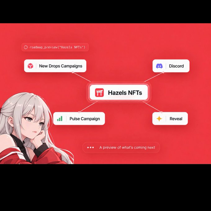 A red-themed graphic titled 'roadmap_preview("Hazels NFTs")' featuring a central 'Hazels NFTs' node connected to four surrounding options: 'New Drops Campaigns,' 'Discord,' 'Pulse Campaign,' and 'Reveal,' accompanied by an anime-style character with silver hair on the left.
