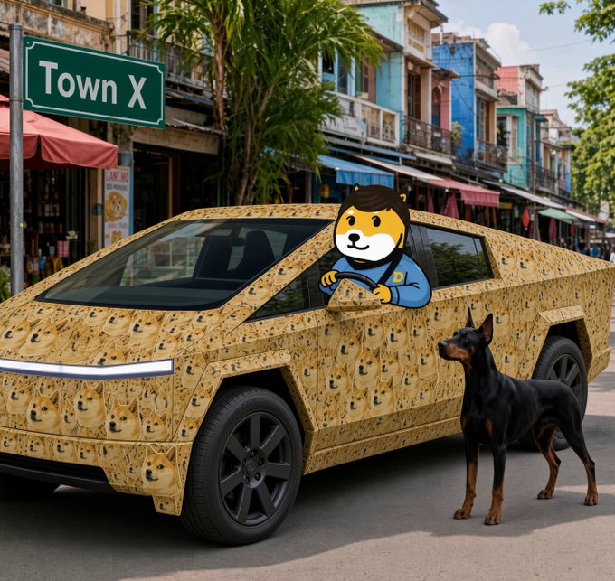 A Cybertruck decorated with Shiba Inu patterns parked on a street with a 'Town X' sign, a Doberman dog standing beside it, and a cartoon dog police officer visible in the driver's seat.