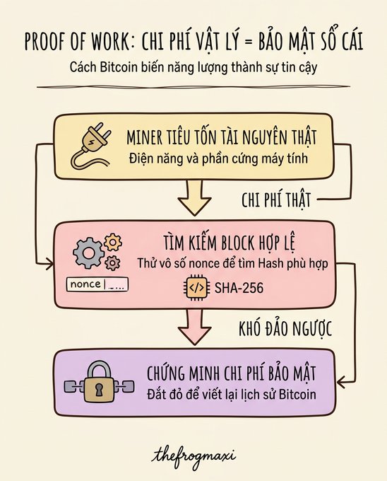 An infographic in Vietnamese titled 'PROOF OF WORK: CHI PHÍ VẬT LÝ = BẢO MẬT SỐ CÁI' by thefrogmaxi, showing how Bitcoin miners use energy and SHA-256 hashing to secure the chain.