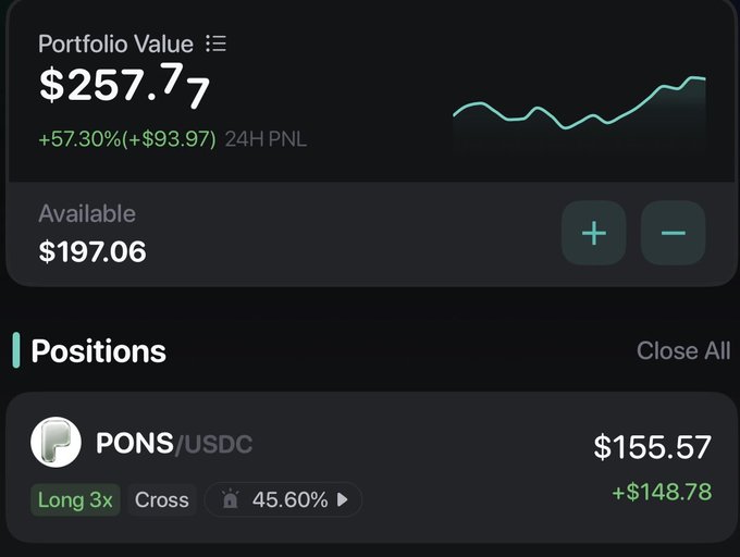 Trading portfolio screenshot showing portfolio value of $257.77 with +57.30% 24H PNL, featuring a long 3x position on PONS/USDC worth $155.57.