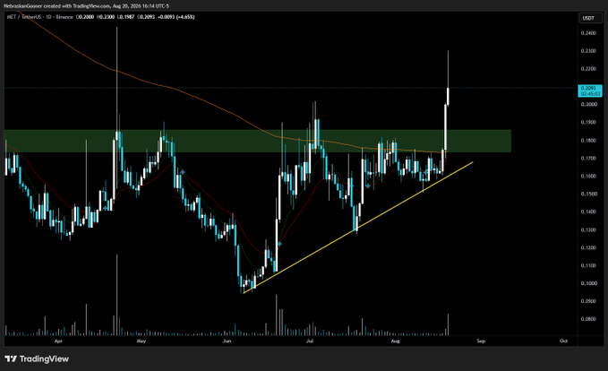 A daily candlestick chart of $MET (MetabasaltGooser) on USDT shows the price breaking above a descending moving average and the $0.19–$0.20 resistance zone with a strong bullish candle, aligning with the caption "There it goes" as the breakout suggests upward momentum.