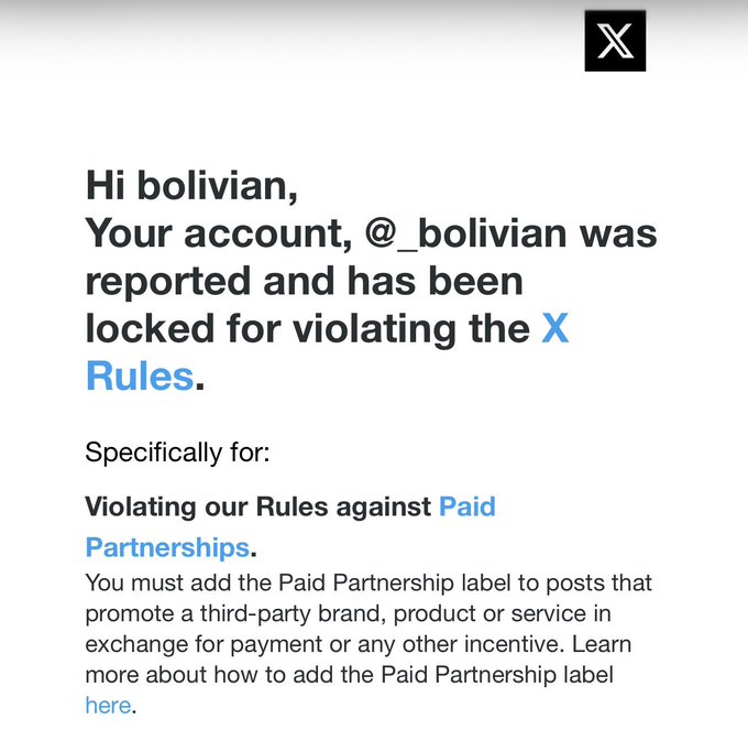 A screenshot of an X (formerly Twitter) account suspension message telling user "@_bolivian" their account was locked for "Violating our Rules against Paid Partnerships," despite the user's claim that they were simply discussing their $TOAD token holdings and being unfairly flagged as promoting paid partnerships.