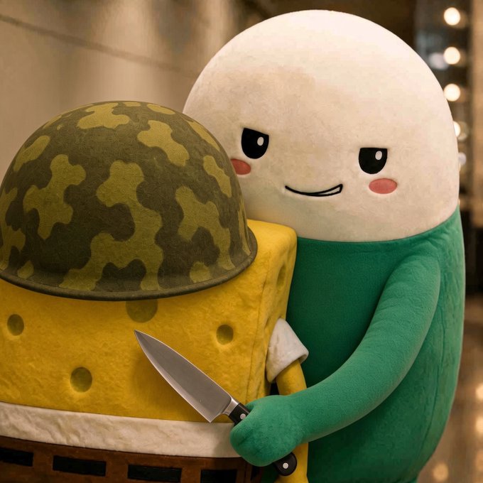 A round, green-and-white plush character with a mischievous grin holds a chef's knife against a block of cheese wearing a military camouflage helmet. The image plays on the post's "there's only room for one," depicting a comically menacing plushie plotting to slice its cheese companion in a surreal standoff.