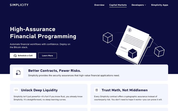 A screenshot of Simplicity's website homepage featuring a dark navy header promoting "High-Assurance Financial Programming" with the tagline "Automate financial workflows with confidence. Deploy on the Bitcoin stack," alongside illustrated cubes representing smart contracts. Below the header are three feature cards highlighting "Better Contracts, Fewer Risks," "Unlock Deep Liquidity," and "Trust Math, Not Middlemen," which align with the post's emphasis on mathematically verifiable Bitcoin contracts and Simplicity Office Hours with Blockstream engineers.