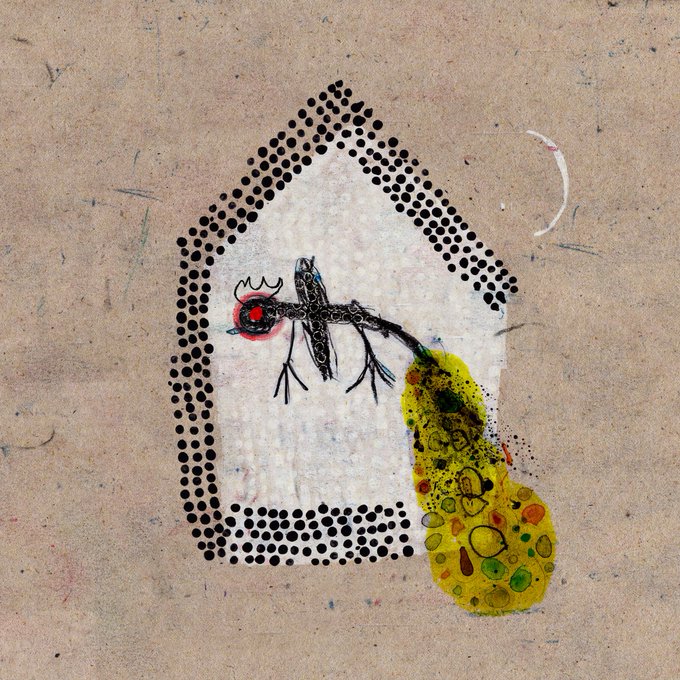 An abstract mixed-media artwork on cardboard featuring a house-like shape outlined in black dots, containing a stylized bird-like figure and yellow circular patterns.