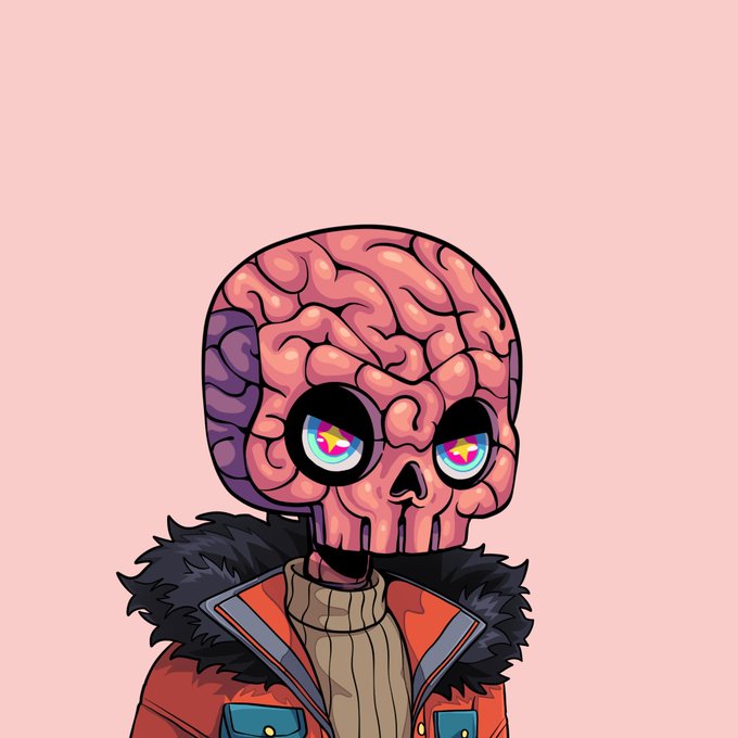A stylized illustration of a character with an exposed pink brain for a head featuring large, colorful eyes, wearing a tan turtleneck under an orange jacket with a fur collar.