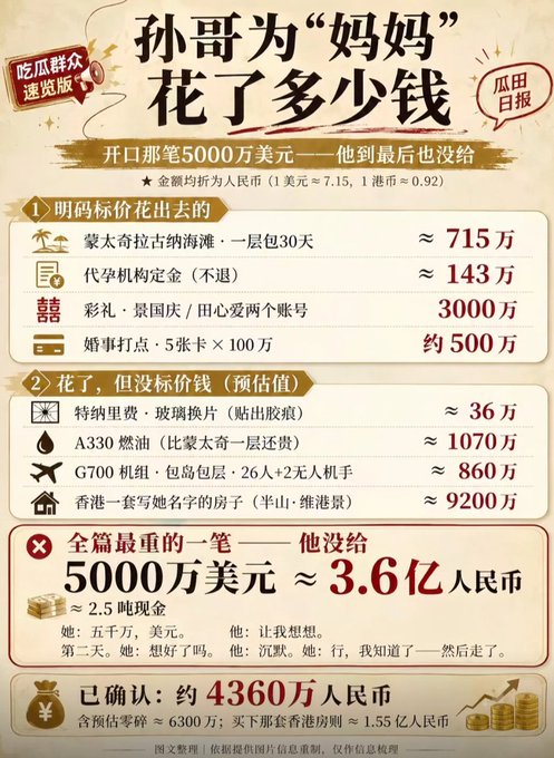 A Chinese infographic titled '孙哥为"妈妈"花了多少钱' (How much did Brother Sun spend on 'Mom') breaking down expenses for a surrogate, totaling approximately 43.6 million RMB, including a Hong Kong mansion for 92 million RMB and an unfulfilled promise of 50 million USD.