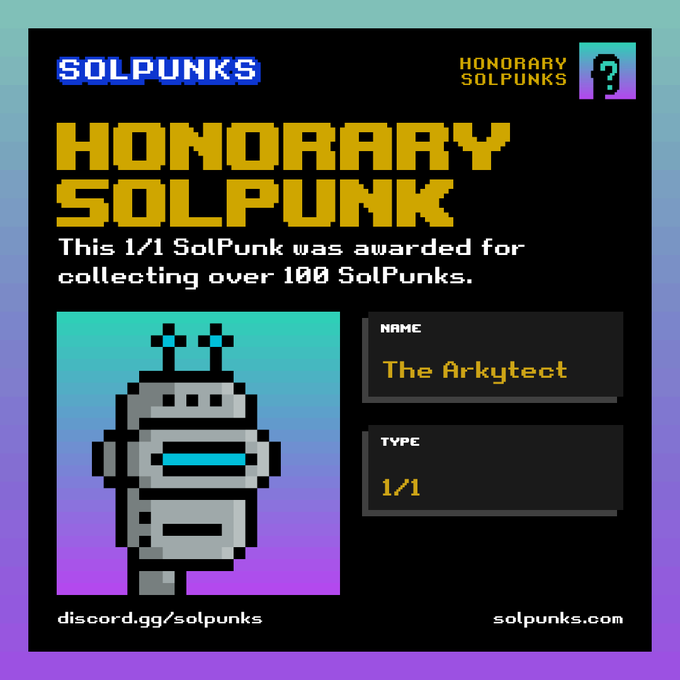 An "Honorary SolPunk" NFT certificate for "The Arkyctect" (1/1), awarded for collecting over 100 SolPunks, with links to discord.gg/solpunks and solpunks.com.