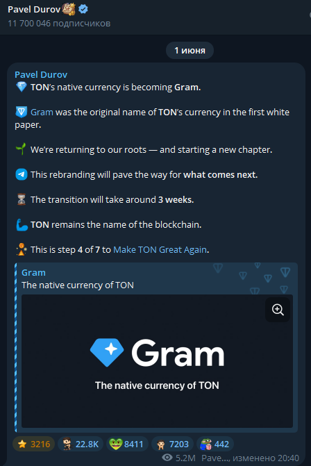 Telegram post by Pavel Durov with 11,700,046 subscribers, announcing that TON's native currency is becoming Gram (the original name from the first white paper), part of a rebranding to Make TON Great Again, noting TON remains the name of the blockchain.