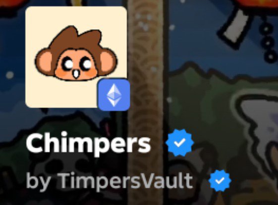 A digital listing for an NFT collection called 'Chimpers by TimpersVault' showing a cartoon monkey avatar with the Ethereum logo.