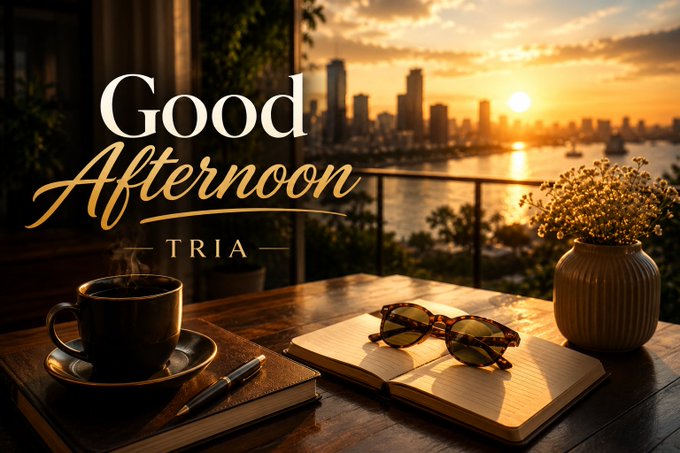 An aesthetic 'Good Afternoon TRIA' graphic featuring a steaming cup of coffee, an open book with sunglasses, and a vase of flowers overlooking a golden sunset city skyline.
