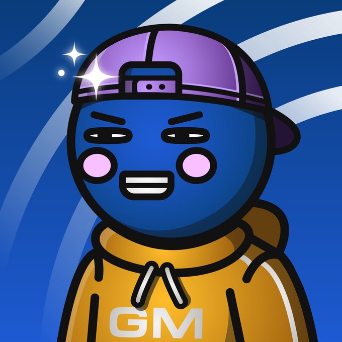 A cheerful blue cartoon character wearing a purple cap backward and a yellow hoodie with "GM" (Good Morning) written on it smiles against a blue swirled background, matching the upbeat "GM" sentiment of wishing people success and good mornings.