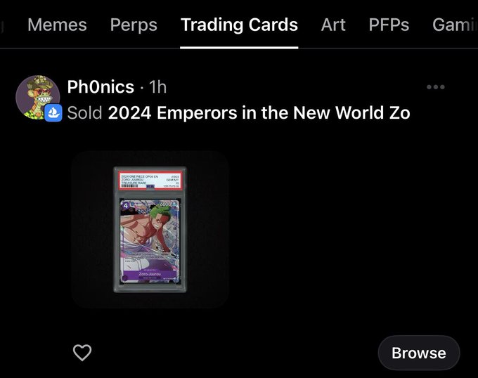 A screenshot of a trading cards section showing user Ph0nics (1h ago) sold '2024 Emperors in the New World Zoo' with a 'Browse' button.