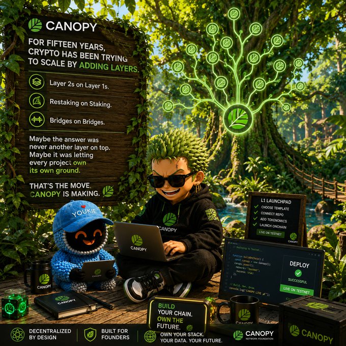 A promotional graphic for 'Canopy' crypto project featuring a character working on a laptop in a forest setting, with text reading 'FOR FIFTEEN YEARS, CRYPTO HAS BEEN TRYING TO SCALE BY ADDING LAYERS' and 'THAT'S THE MOVE CANOPY IS MAKING.'