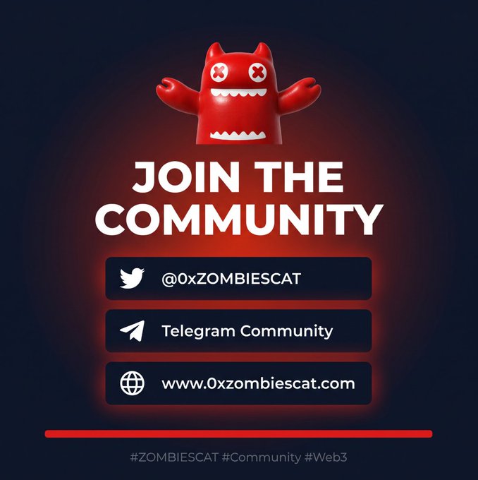 A promotional graphic reading 'JOIN THE COMMUNITY' for a red monster mascot, listing the Twitter handle '@0XZOMBIESCAT', a Telegram Community, and the website 'www.0xzombiescat.com' with hashtags '#ZOMBIESCAT #Community #Web3'.