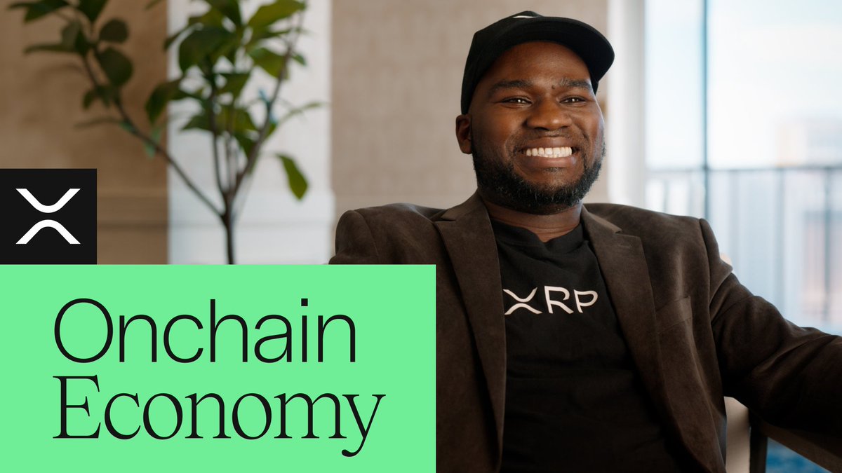 A promotional image featuring a smiling man wearing a black cap, brown blazer, and an XRP t-shirt, accompanied by the XRP logo and the text 'Onchain Economy' on a green background.