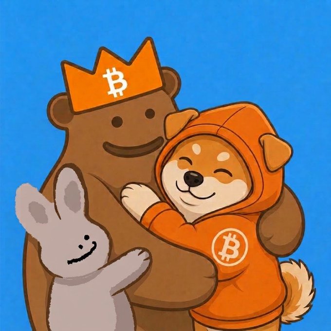 A cartoon illustration featuring Bitcoin-themed characters: a large brown bear wearing a Bitcoin crown, a dog in an orange Bitcoin hoodie, and a small gray rabbit, all against a blue background.