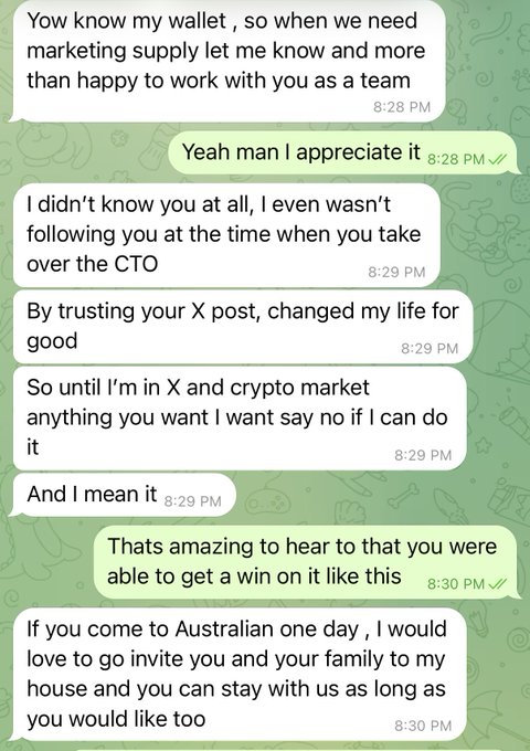 A WhatsApp conversation where someone thanks the poster for changing their life by trusting an X post when they took over as CTO, offers support with marketing, and invites them and their family to stay at their house in Australia. The exchange illustrates the post's theme of the impact of work done on $ANSEM, showing a personal testimonial of lives changed through crypto insights.