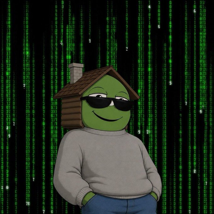 A smug cartoon Pepe the Frog character wearing sunglasses and a sweater, with a small wooden house perched on his head, stands against a backdrop of cascading green digital code. The image ties into the "$TOADHOUSE COMMUNITY" post by literally depicting the toad house mascot, promoting a meme-themed crypto project with a relaxed, community-focused vibe.