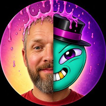The image features a circular profile picture split down the middle, showing a bearded man on the left and a teal alien character wearing a black top hat on the right, both with purple "drip" graphics at the top.

This visual directly represents the post's announcement, showcasing both the artist behind the upcoming mint (the man, associated with @cockyjuiceABBs) and the "alien" character being teased—the same style as the @AlienBuddyBuds NFT collection.