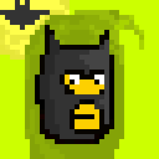 Pixel art of a character with green hair, a dark hood, and a yellow face, displayed against a bright green background.