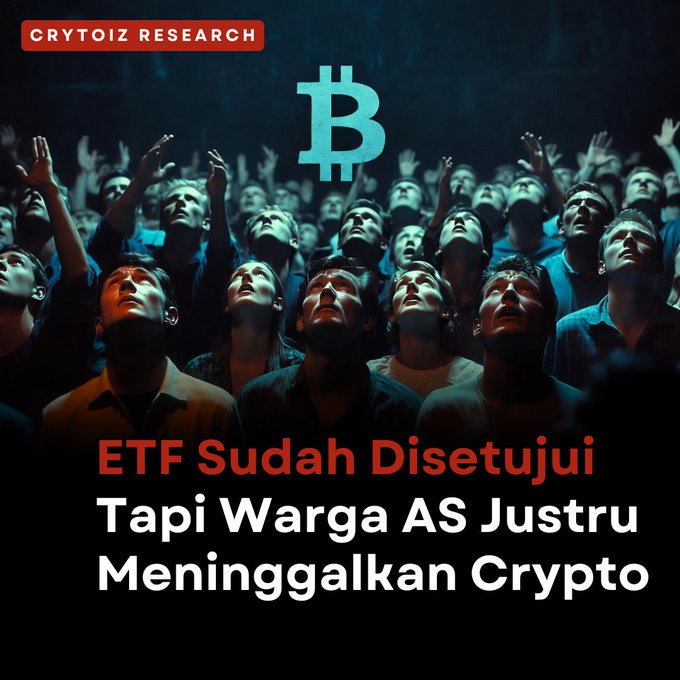 An article thumbnail from CRYTOIZ RESEARCH featuring a crowd looking up at a Bitcoin symbol, with the Indonesian headline 'ETF Sudah Disetujui Tapi Warga AS Justru Meninggalkan Crypto' (ETF Already Approved But US Citizens Are Leaving Crypto).