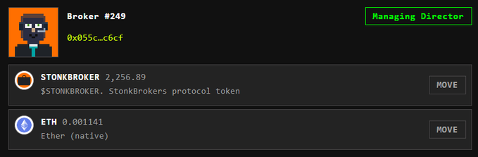 A digital wallet interface showing 'Broker #249' with the address 0x055c...c6cf, displaying balances of 2,256.89 $STONKBROKER (StonkBrokers protocol token) and 0.001141 ETH (native Ether), with options to move funds.