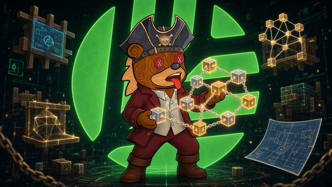 A bear in a pirate hat juggles interconnected blockchain cubes, with a glowing green segmented sphere behind it and floating blueprint-style diagrams on either side. The image visually echoes Canopy Network's (@CNPYNetwork) pitch about "borrowed chains" and giving "every idea its own chain," symbolizing self-contained, customizable blockchain infrastructure built through restaking and nested architecture.