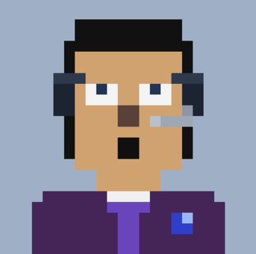 Pixel art portrait of a man with dark hair wearing a purple suit jacket and tie, smoking a cigarette, set against a blue background.
