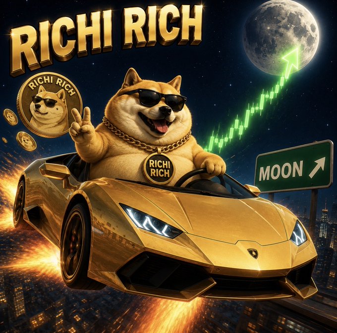 Vibrant promotional graphic titled 'RICHI RICH' featuring a Shiba Inu dog in sunglasses and gold chain driving a gold Lamborghini, with 'RICHI RICH' coins, a moon, stock chart, and a 'MOON' road sign.