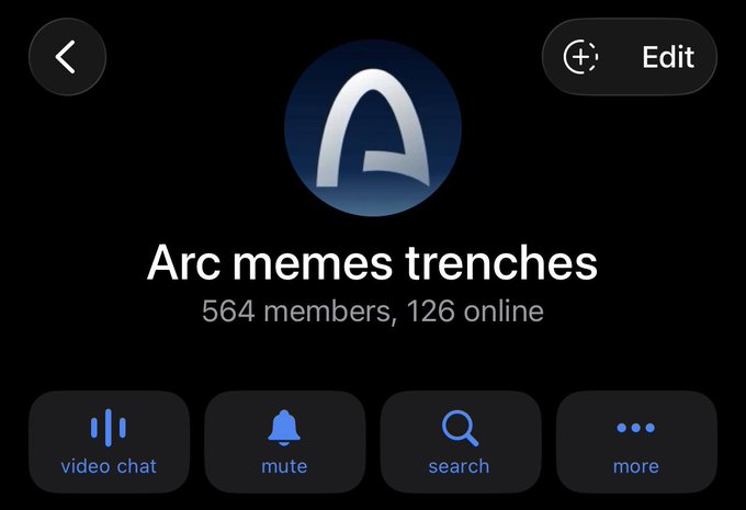 A Telegram group called 'Arc memes trenches' with 564 members and 126 online, featuring video chat, mute, search, and more options.