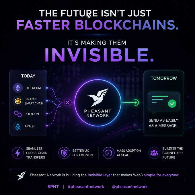The title of the image is "The Future Isn't Just Faster Blocks But Making Them Invisible. It's Making Them Invisible. #PheasantNetwork". The image shows a graphic representation of an infographic about "@pheasantnetwork". In the infographic, there are two main visual elements - one showing a map and the other a chart illustrating the concept of blockchain networks and the idea that the future won't just be faster blocks but will also become more transparent or invisible in some aspects. The post suggests that the Pheasant Network is working on building this invisible layer for users, with the hashtag @pheasantnetwork being used to show engagement with their content or services, like the image of a phone conversation about making money from the blockchain.