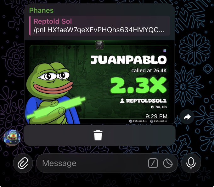 A screenshot of a Telegram chat shows user "Phanes" sharing a meme image announcing "JUANPABLO called at 26.4K" with a "2.3X" gain tagged "REPTOLDSOL1," visually highlighting the 2.3x profit claim from the post.