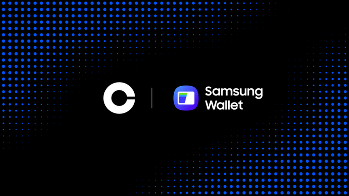 A promotional graphic on a black background with blue dot patterns displays the white 'C' logo of Coinbase alongside the Samsung Wallet logo, indicating a partnership between the two companies.