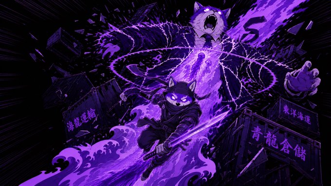 A samurai dog wielding a glowing purple katana channels a spectral wolf's power, surrounded by floating containers labeled "海龍運輸" and "青龍倉儲" (Ocean Dragon Transport/Qinglong Warehouse). The image's fierce, dominating aesthetic visually reinforces the bold declaration of "taking over Solana $WOOF."