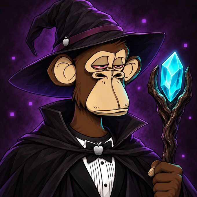 A weary-looking monkey dressed as a wizard in a tuxedo and pointed hat clutches a glowing blue crystal staff, fitting the post's welcome to a new 1/1 NFT by @eth_apple. The "Even in Albion, he keeps the tux" caption pairs with the monkey's formal black-tie attire beneath his magical robes.