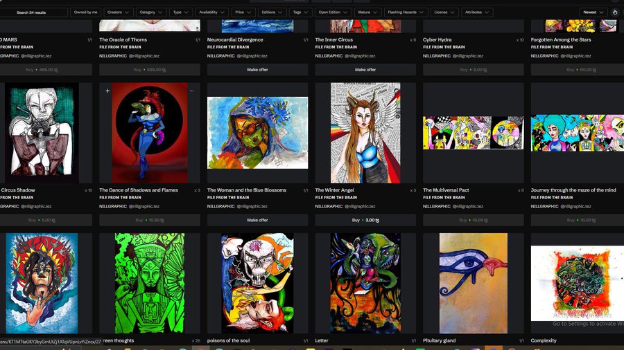 This image displays an NFT marketplace on objkt.com featuring various digital artworks from the collection "FILE FROM THE BRAIN" by MLBGRAPHIC, with the post specifically highlighting "The Dance of Shadows and Flames" priced at 10.99 XTZ with 1 copy sold, visible as a colorful illustration of a figure in a red dress against a black background.