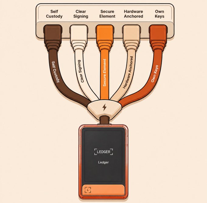 Illustration of a Ledger hardware wallet connected via cables labeled Self Custody, Clear Signing, Secure Element, Hardware Anchored, and Own Keys.